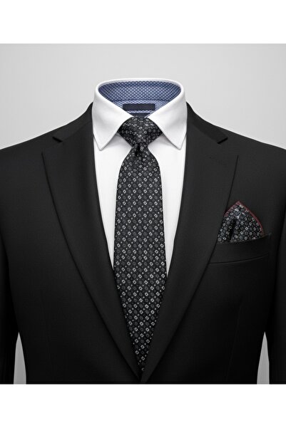 Gutiero Cravată clasică cu batistă cu model negru