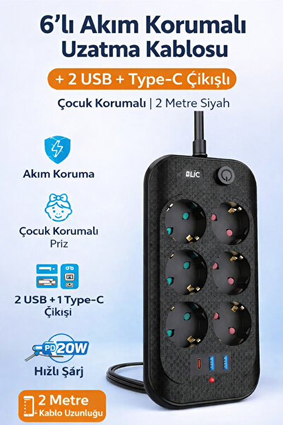Yellowtech 6’lı Akım Korumalı Uzatma Kablosu | 3 USB + Type-C Girişli | Çocuk...