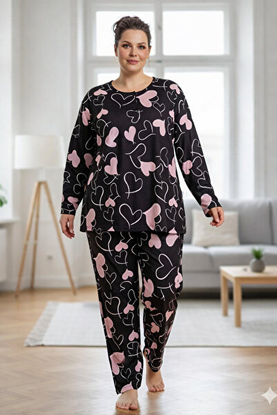 Silona Homewear Pembe Kalpli Büyük Beden Battal Boy Pamuklu Pijama Takımı