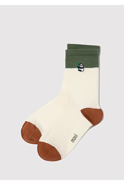 Mavi Panda Nakışlı Ekru Soket Çorap 1912831-30640