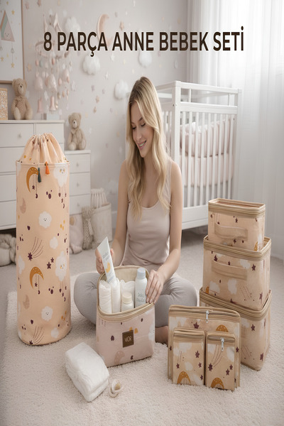 MorOflan 8 Parça Anne Bebek Seti - 6'lı Bavul Düzenleyici I Çamaşır Sepeti - ...