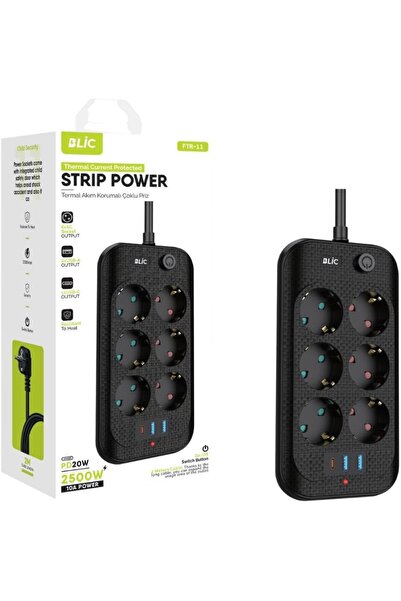 Yellowtech 6’lı Akım Korumalı Uzatma Kablosu | 3 USB + Type-C Girişli | Çocuk Korumalı | 2 Metre Siyah