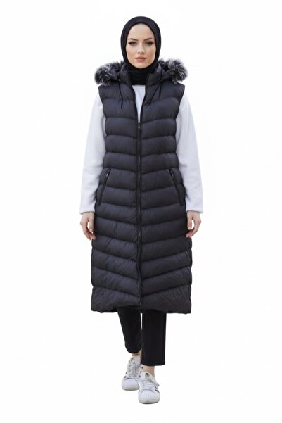 ECALAMODE Kadın Büyük Beden Uzun Şişme Yelek Çıkarılabilir Kapüşonlu Kışlık