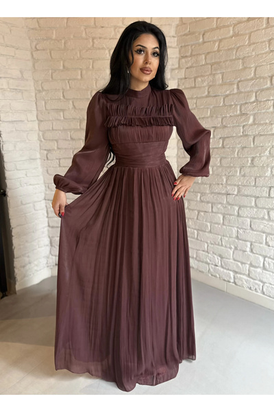 moneta boutique Women's Elegant Chiffon Pleated Long Dress – Lined & Fitted a...