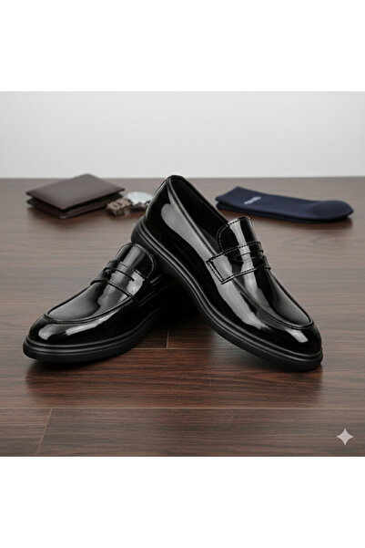 halismenspor Men's Patent Leather Glossy Matte Black Classic Shoes Daily Wedd...