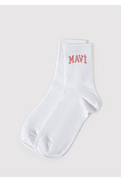 Mavi Logo Detaylı Beyaz Soket Çorap 1912726-620