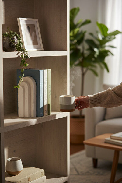 LALEZEN HOME BEYAZ TRAVERTEN GÖRÜNÜMLÜ BETON KİTAP TUTUCU AĞIR ŞIK