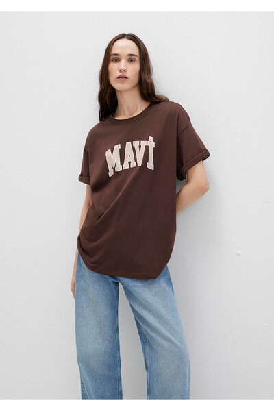 Mavi Logo bedrucktes braunes T-Shirt in Übergröße/Breite Passform 1600843 -88062