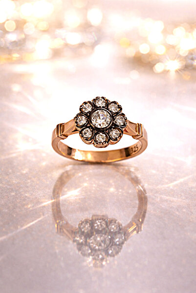 Siset Gümüş 925 Ayar Rose Kaplama Elmas Montür Papatya Gümüş Yüzük