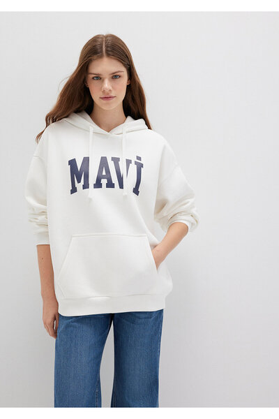 Mavi Weißes Kapuzen-Sweatshirt mit Logo-Print 1600361-81964