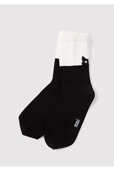 Mavi Kedi Baskılı Siyah Soket Çorap 1911913-900