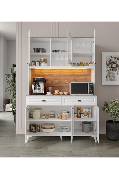GuneyStore Gözde Kahve Köşesi - 140 cm MDF Ayaklı Mutfak Dolabı - LED Aydınlatmalı - Ücretsiz Montaj