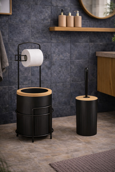decorev Set de baie modern cu suport – Coș de gunoi cu capac, suport pentru h...