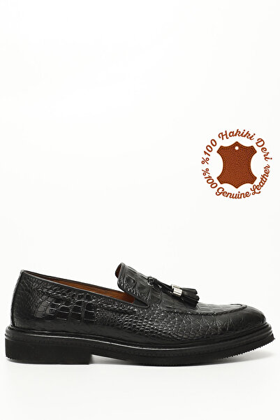 GÖNDERİ(R) حذاء رجالي كاجوال من جلد التمساح الأسود البلاتيني الأصلي مزين بشرا...