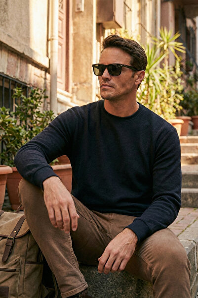 Buratti Мъжки памучен пуловер Slim Fit с кругло деколте 456201