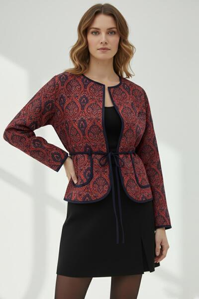 Soul Women's Patterned Belted Short Jacket -32447Ckt - Red