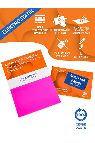 POLABOOK Akıllı Not Kağıdı - 7x10 cm 50 Sayfa - Pembe - Yapışkansız Post-it