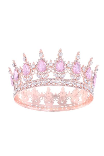 Choice تاج ملكي وردي اللون مرصع بأحجار الراين، تيجان زفاف وأكاليل شعر لحفلات ...