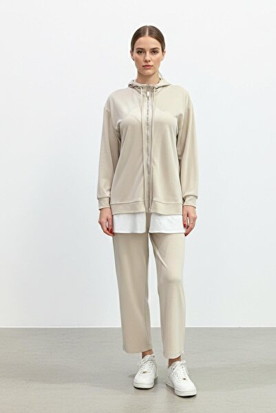 Puane Women's Hooded Zippered Tunic Trousers Set-14427 - Beige