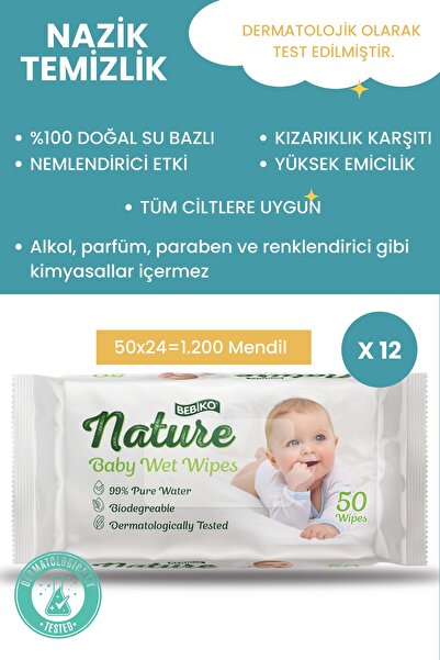 Bebiko Nature Doğal Kokusuz Su Bazli Bebek Islak Mendil 50'li Paket 12'li Set...