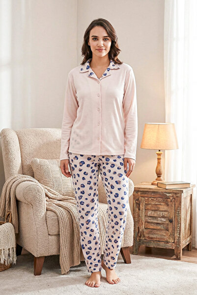 Sheenza Kadın Leopar Desenli Pijama Takımı – Düğmeli Yaka – Yumuşak Dokulu – ...