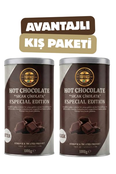 By Tüfekçi Bitter Sıcak Çikolata ve Klasik Sıcak Çikolata 2’li Avantajlı Paket 2 x 1000 Gr | Yüksek Kakao | Gerçek Şeker