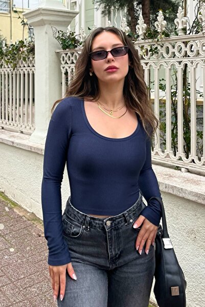 Rich Дамска блуза с дълъг ръкав, в тъмносин цвят, с мека материя и ребра