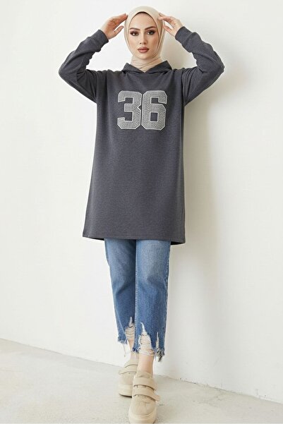 Bestenur Kapüşonlu Baskılı Tesettür Tunik 1214 - Antrasit