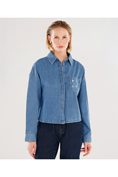 Yargıcı Nakışlı Detaylı Uzun Kollu Denim Gömlek