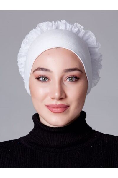 nanak Beyaz Likralı Fırfırlı Kaymayan Bone