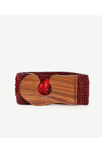 Yargıcı حزام مطرز بالخرز بإبزيم خشبي وتفاصيل زهور