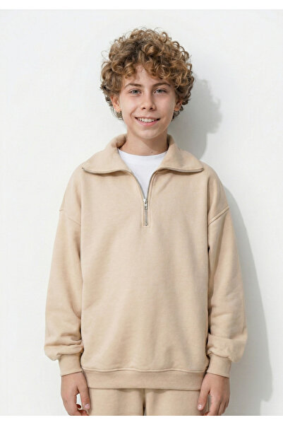 HayKids Erkek Çocuk Bej Fermuarlı Alt Üst Eşofman Takım 10-11-12-13-14 Yaş