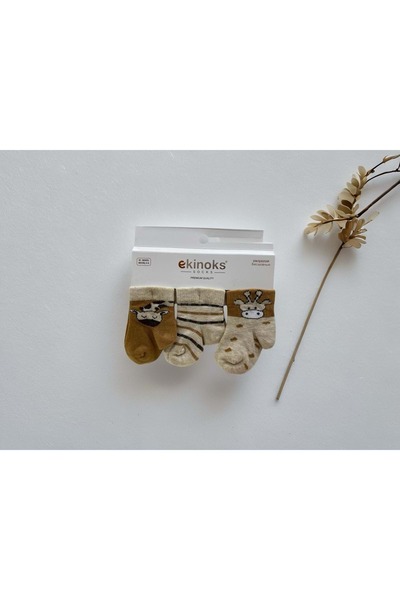 Ekinoks Giraffe Patterned Triple Baby Socks Camel