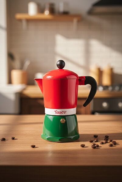 Bambum Taşev T1196 Adamo Moka Pot - 3 Cup Red Green Aluminum