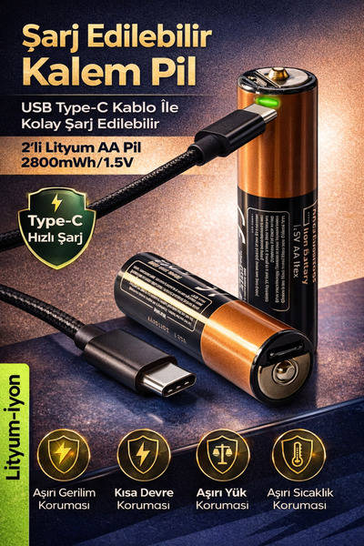 Ecuy Şarj Edilebilir Kalem Pil USB Type-C Kablo İle Kolay Şarj Edilebilir 2'l...