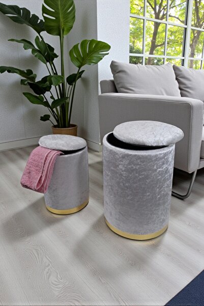 Arte Cotone 2'li Gri Kadife Kumaş Dekoratif Silindir Sandıklı Puf Seti
