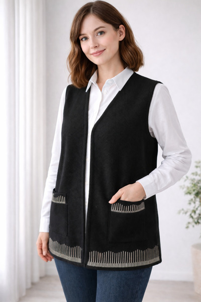 GLCN by Gülcan Steel Mesh Size Buttonless Black Women's Knitwear Vest