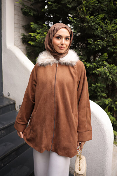 İmajButik Brown Collar Fur Detailed Suede Jacket