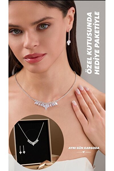 BEREN KILIÇ Aceline Kristal Taşlı Takı Seti Kolye Küpe Hediye Set Düğün Nişan...