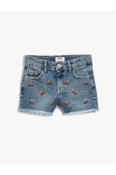 Koton Kiraz İşlemeli Mini Kot Şort Pamuklu