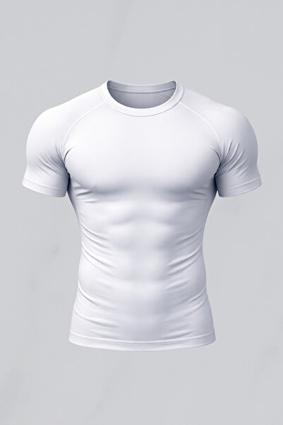 FitVult تي شيرت أبيض بدون طباعة ضيق على الجسم قماش قابل للتمدد بأكمام قصيرة ل...