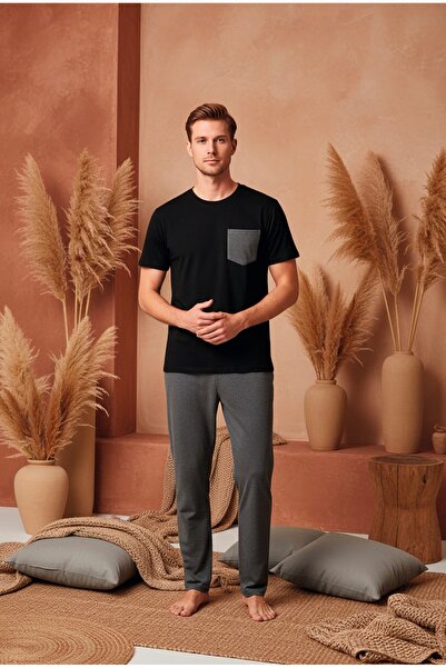 LİLA İÇ GİYİM Ανδρικό σετ πιτζάμες από βαμβάκι με κοντά μανίκια και τσέπες, μ...