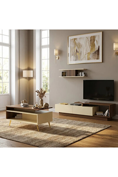 Stylish Home طقم طاولة تلفزيون وطاولة قهوة بني وبيج - SH01