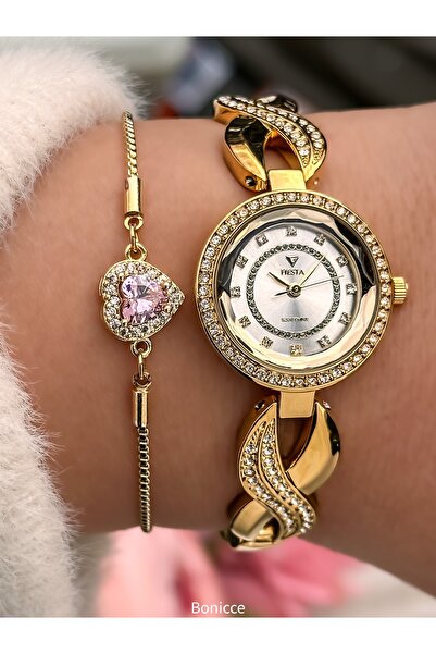 Fiesta ساعة يد فولاذية كاملة (العلبة، الفرقة) حزام شبكي فاخر باللون الأصفر VI...