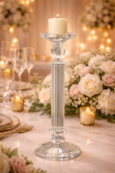 esdekor Kesme Cam Şamdan Mumluk Büyük Boy 35x12.5 cm 1 Adet Şeffaf Renk Düğün...