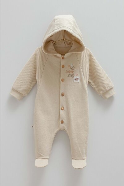 Caramell Color World Button Detail Hooded Jumpsuit Brown