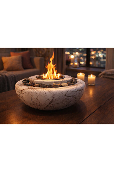 aksenbirstore DEKORATİF MASA ÜSTÜ YUVARLAK ATEŞ ÇUKURU TAŞ ŞÖMİNE-500 ML YAKI...