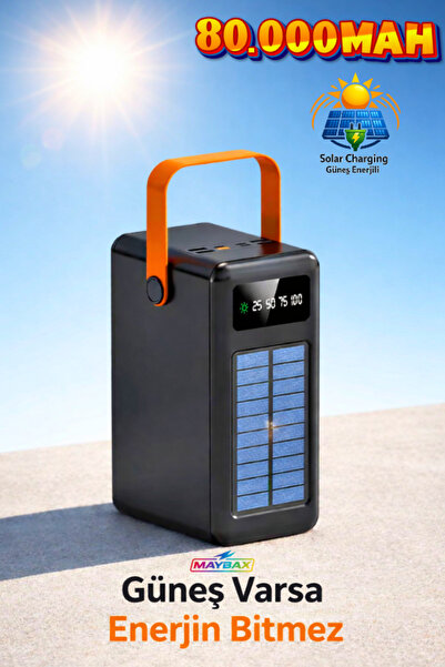 Maybax Güneş Enerjili Solar Powerbank 80.000 mAh Dijital Göstergeli El Fenerl...