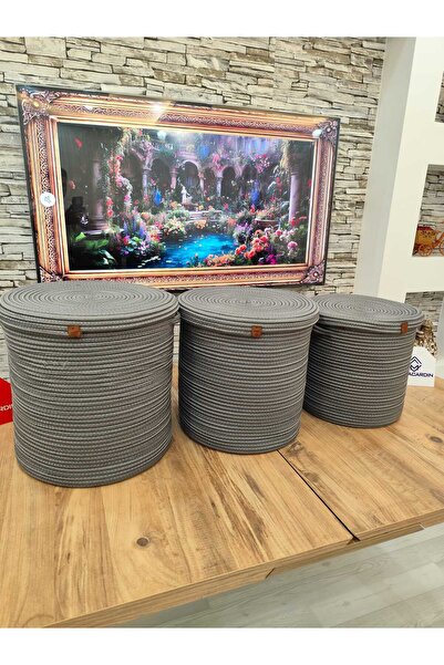 ModaCardin Ψάθινο και ιουτένιο καλάθι 3 τεμαχίων με καπάκι - Πολλαπλών χρήσεω...