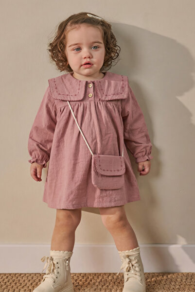 Minipodyum Yakası Nakışlı Çantalı Bayramlık Keten Kız Bebek Elbise